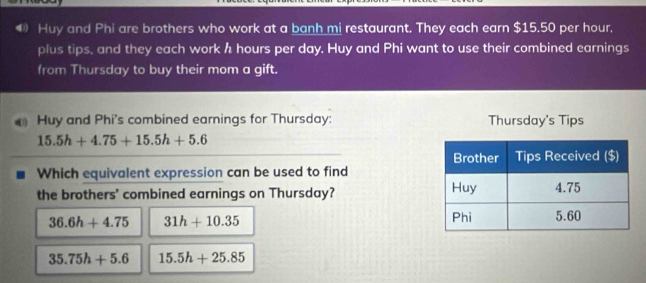 ④ Huy and Phi are brothers who work at a banh mi restaurant. They each earn $15.50 per hour.
plus tips, and they each work h hours per day. Huy and Phi want to use their combined earnings
from Thursday to buy their mom a gift.
Huy and Phi's combined earnings for Thursday: Thursday's Tips
15.5h+4.75+15.5h+5.6
Which equivalent expression can be used to find
the brothers' combined earnings on Thursday?
36.6h+4.75 31h+10.35
35.75h+5.6 15.5h+25.85