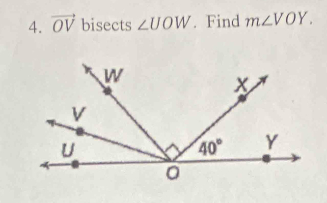 vector OV bisects ∠ UOW. Find m∠ VOY.