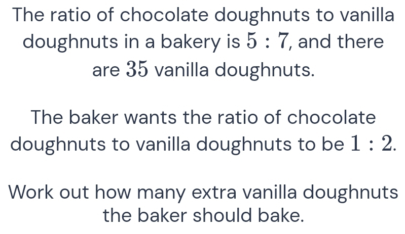 The ratio of chocolate doughnuts to vanilla 
doughnuts in a bakery is 5:7 , and there 
are 35 vanilla doughnuts. 
The baker wants the ratio of chocolate 
doughnuts to vanilla doughnuts to be 1:2. 
Work out how many extra vanilla doughnuts 
the baker should bake.