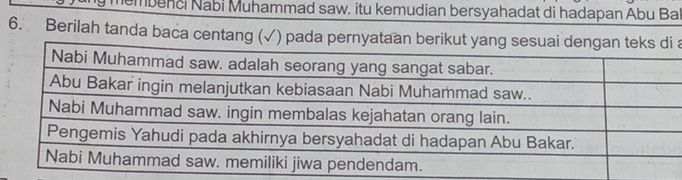 membenci Nabi Muhammad saw. itu kemudian bersyahadat di hadapan Abu Bal 
6. Berilah tanda baca centang (√) pa a