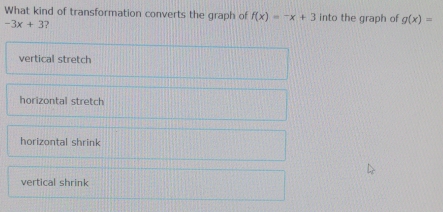 What kind of transformation converts the graph of f(x)=-x+3 into the graph of g(x)=
-3x+3 ?
vertical stretch
horizontal stretch
horizontal shrink
vertical shrink