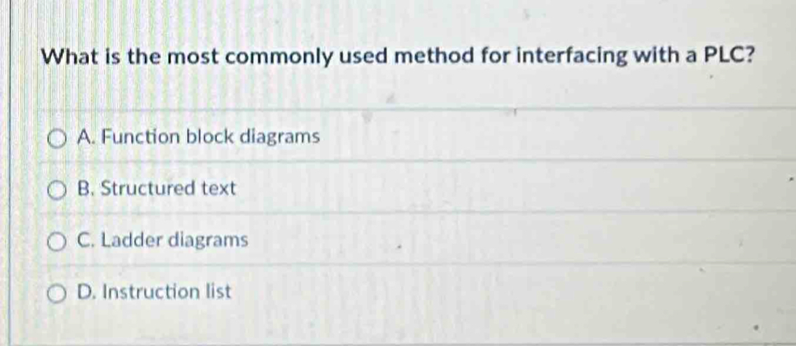 What is the most commonly used method for interfacing with a PLC?
A. Function block diagrams
B. Structured text
C. Ladder diagrams
D. Instruction list