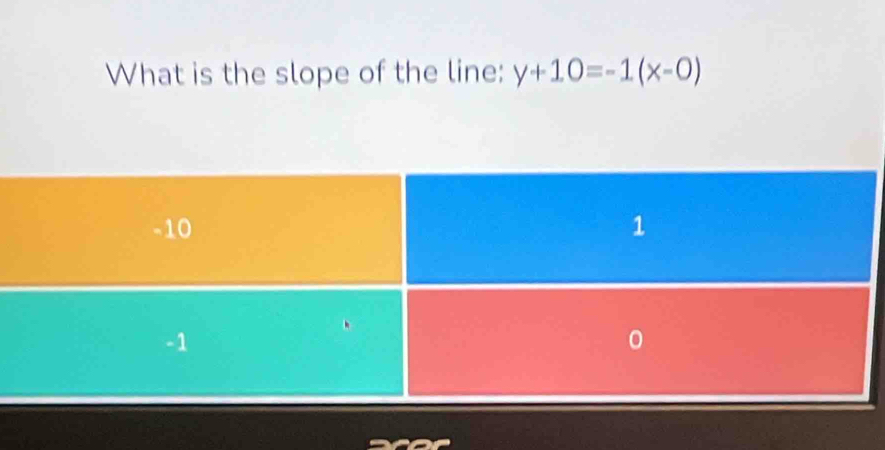 What is the slope of the line: y+10=-1(x-0)