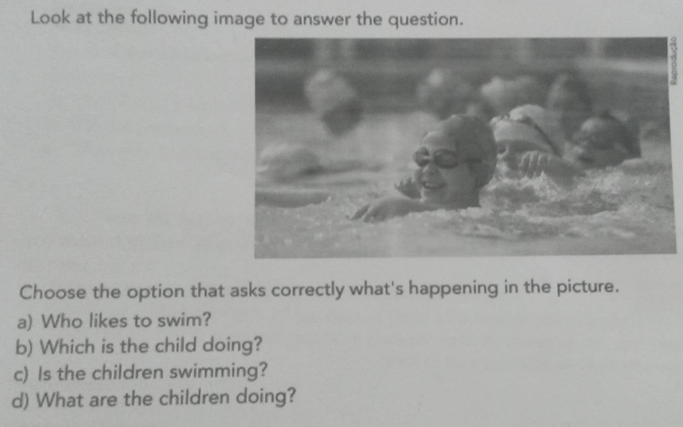 Look at the following image to answer the question. 
Choose the option that asks correctly what's happening in the picture. 
a) Who likes to swim? 
b) Which is the child doing? 
c) Is the children swimming? 
d) What are the children doing?