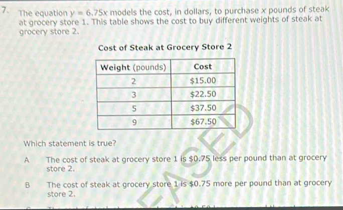 The equation y=6.75x models the cost, in dollars, to purchase x pounds of steak
at grocery store 1. This table shows the cost to buy different weights of steak at
grocery store 2.
Cost of Steak at Grocery Store 2
Which statement is true?
A The cost of steak at grocery store 1 is $0.75 less per pound than at grocery
store 2.
B The cost of steak at grocery store 1 is $0.75 more per pound than at grocery
store 2.