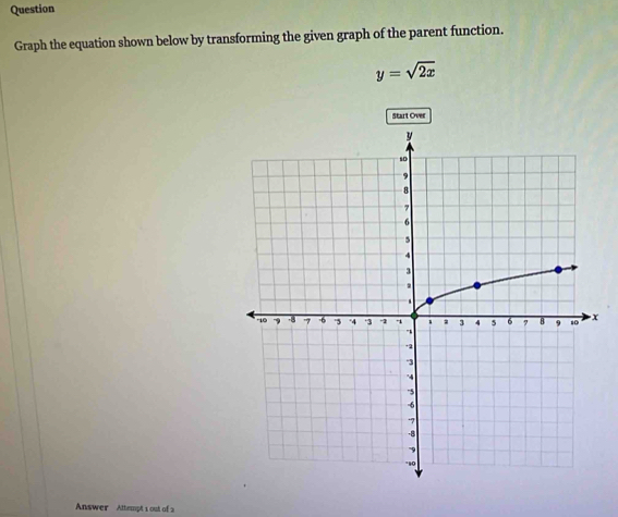 Question 
Graph the equation shown below by transforming the given graph of the parent function.
y=sqrt(2x)
Start Over 
Answer Attempt 1 out of 2