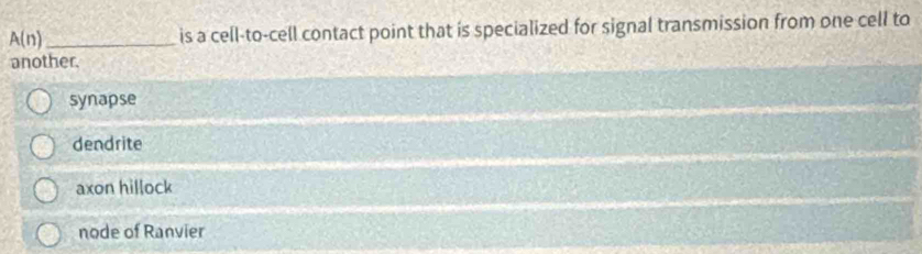 A(n) _is a cell-to-cell contact point that is specialized for signal transmission from one cell to
another.
synapse
dendrite
axon hillock
node of Ranvier