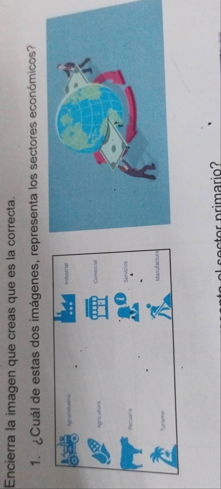 Encierra la imagen que creas que es la correcta. 
1. ¿Cuál de estas dos imágenes, representa los sectores económicos? 
cector primario?