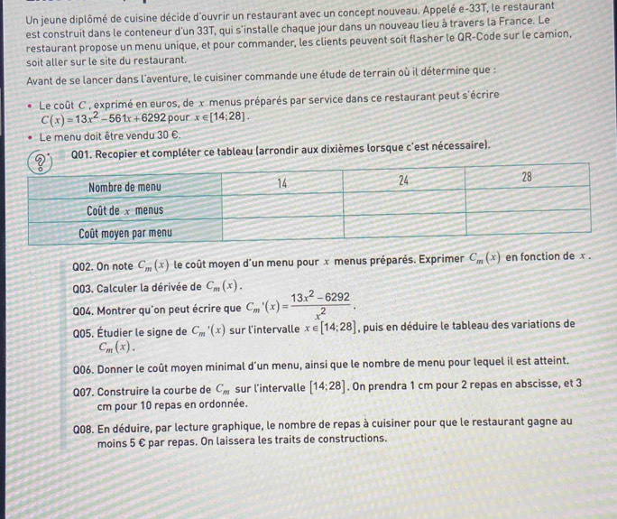 Un jeune diplômé de cuisine décide d'ouvrir un restaurant avec un concept nouveau. Appelé e-33T, le restaurant
est construit dans le conteneur d'un 33T, qui s'installe chaque jour dans un nouveau lieu à travers la France. Le
restaurant propose un menu unique, et pour commander, les clients peuvent soit flasher le QR-Code sur le camion,
soit aller sur le site du restaurant.
Avant de se lancer dans l'aventure, le cuisiner commande une étude de terrain où il détermine que :
Le coût C , exprimé en euros, de x menus préparés par service dans ce restaurant peut s'écrire
C(x)=13x^2-561x+6292 pour x∈ [14;28].
Le menu doit être vendu 30 C.
Q01. Recopier et compléter ce tableau (arrondir aux dixièmes lorsque c'est nécessaire).
Q02. On note C_m(x) le coût moyen d'un menu pour x menus préparés. Exprimer C_m(x) en fonction de x .
Q03. Calculer la dérivée de C_m(x).
Q04. Montrer qu'on peut écrire que C_m'(x)= (13x^2-6292)/x^2 .
Q05. Étudier le signe de C_m'(x) sur l'intervalle x∈ [14;28] , puis en déduire le tableau des variations de
C_m(x).
Q06. Donner le coût moyen minimal d’un menu, ainsi que le nombre de menu pour lequel il est atteint.
Q07. Construire la courbe de C_m sur l'intervalle [14;28]. On prendra 1 cm pour 2 repas en abscisse, et 3
cm pour 10 repas en ordonnée.
Q08. En déduire, par lecture graphique, le nombre de repas à cuisiner pour que le restaurant gagne au
moins 5 € par repas. On laissera les traits de constructions.