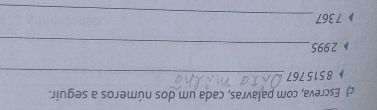 Escreva, com palavras, cada um dos números a seguir.
8515767 _ 
_
2995
_
7367