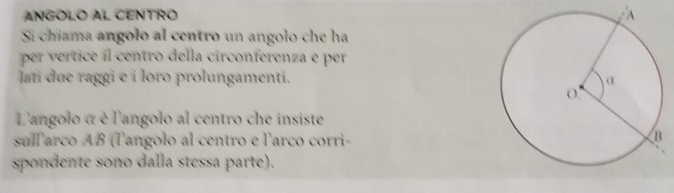 ANGOLO AL CENTRO 
Si chiama angolo al centro un angolo che ha 
per vertice il centro della circonferenza e per 
lati due raggi e i loro prolungamenti. 
L'angolo α è l'angolo al centro che insiste 
sullarco AB (l'angolo al centro e l'arco corri- 
spondente sono dalla stessa parte).