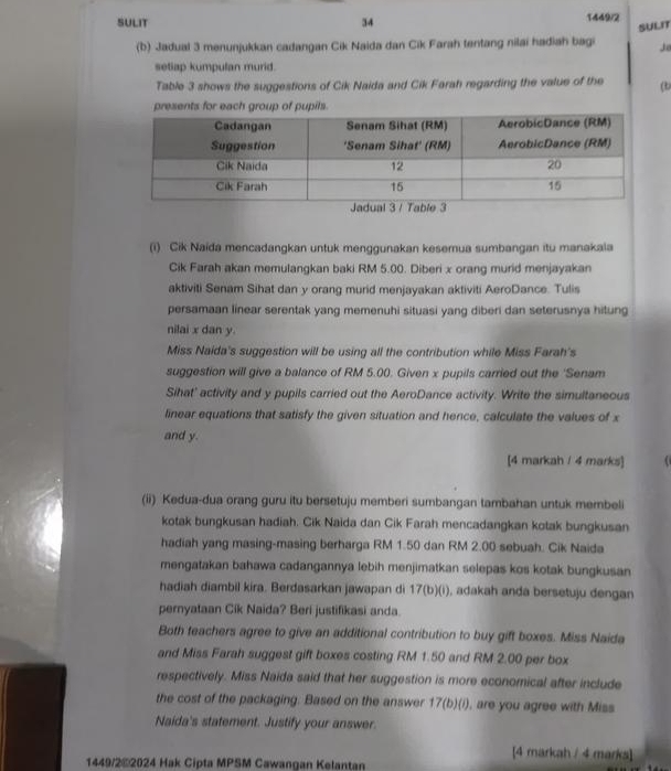 SULIT 34
1449/2
SULIT
(b) Jadual 3 menunjukkan cadangan Cik Naida dan Cik Farah tentang nilai hadiah bagi Jo
setlap kumpulan murid.
Table 3 shows the suggestions of Cik Naida and Cik Farah regarding the value of the (
presents for each group of pupils.
(i) Cik Naida mencadangkan untuk menggunakan kesemua sumbangan itu manakala
Cik Farah akan memulangkan baki RM 5.00. Diberi x orang murid menjayakan
aktiviti Senam Sihat dan y orang murid menjayakan aktiviti AeroDance. Tulis
persamaan linear serentak yang memenuhi situasi yang diberi dan seterusnya hitung
nilai x dan y.
Miss Naida's suggestion will be using all the contribution while Miss Farah's
suggestion will give a balance of RM 5.00. Given x pupils carried out the 'Senam
Sihat' activity and y pupils carried out the AeroDance activity. Write the simultaneous
linear equations that satisfy the given situation and hence, calculate the values of x
and y.
[4 markah / 4 marks]  
(ii) Kedua-dua orang guru itu bersetuju memberi sumbangan tambahan untuk membeli
kotak bungkusan hadiah. Cik Naida dan Cik Farah mencadangkan kotak bungkusan
hadiah yang masing-masing berharga RM 1.50 dan RM 2.00 sebuah. Cik Naida
mengatakan bahawa cadangannya lebih menjimatkan selepas kos kotak bungkusan
hadiah diambil kira. Berdasarkan jawapan di 17(b)(i). ), adakah anda bersetuju dengan
pernyataan Cik Naida? Beri justifikasi anda.
Both teachers agree to give an additional contribution to buy gift boxes. Miss Naida
and Miss Farah suggest gift boxes costing RM 1.50 and RM 2.00 per box
respectively. Miss Naida said that her suggestion is more economical after include
the cost of the packaging. Based on the answer 17(b)(i), are you agree with Miss
Naida's statement. Justify your answer.
[4 markah / 4 marks]
1449/2-2024 Hak Cipta MPSM Cawangan Kelantan