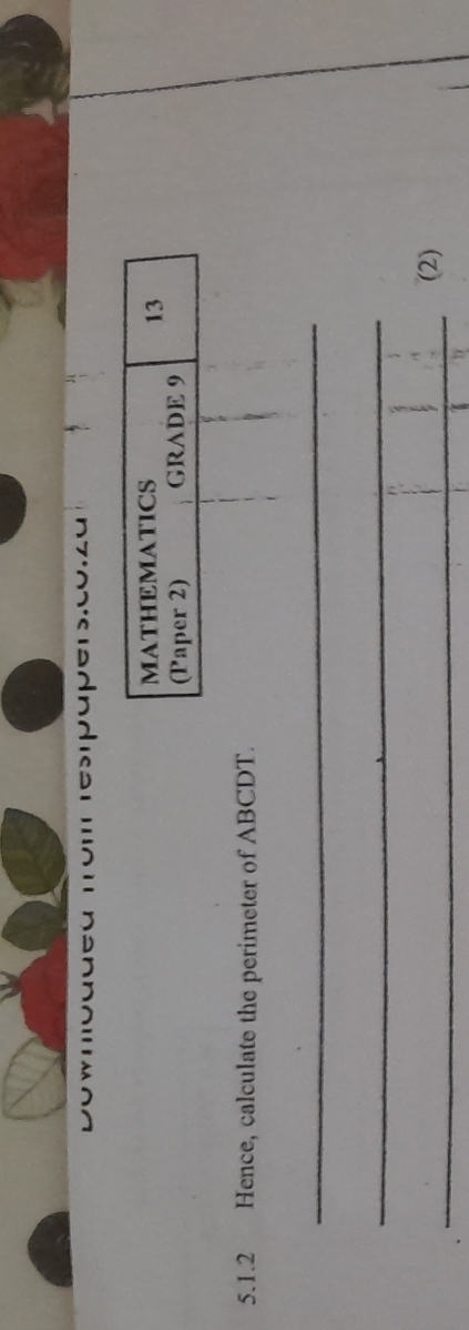 MATHEMATICS 
13 
(Paper 2) GRADE 9 
5.1.2 Hence, calculate the perimeter of ABCDT. 
_ 
_ 
_ 
(2)