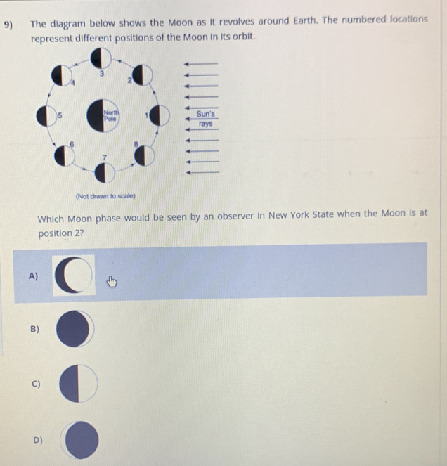 The diagram below shows the Moon as it revolves around Earth. The numbered locations
represent different positions of the Moon in its orbit.
(Not drawn to scale)
Which Moon phase would be seen by an observer in New York State when the Moon is at
position 2?
A)
B)
C )
D)