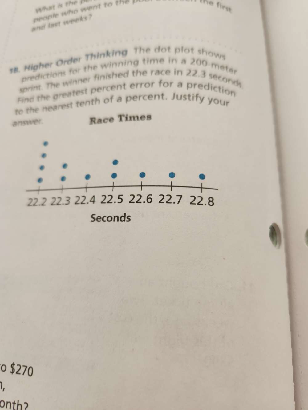 What is the BD 
the first 
and last weerks ? 
18. Higher Order Thinking The dot plot shows 
predictions for the winning time in a 200-meter
sprint. The winner finished the race in 22.3 seconds
Find the greatest percent error for a prediction 
to the nearest tenth of a percent. Justify your 
answer. Race Times 
○ $270
L 
onth?