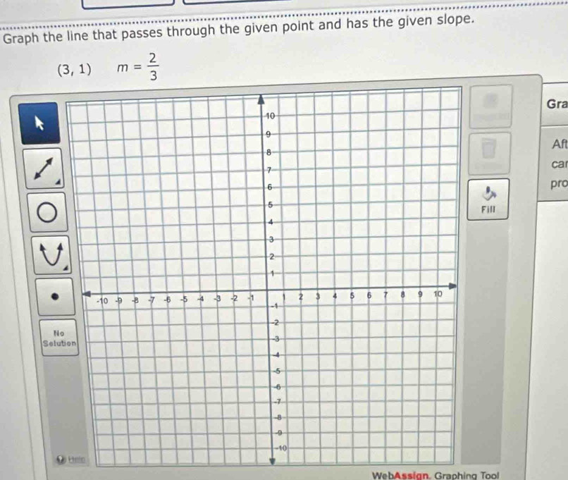 Graph the line that passes through the given point and has the given slope.
(3,1) m= 2/3 
Gra 
Aft 
car 
pro 
Fill 
N 
Selution 
Hteto 
WebAssign. Graphing Tool