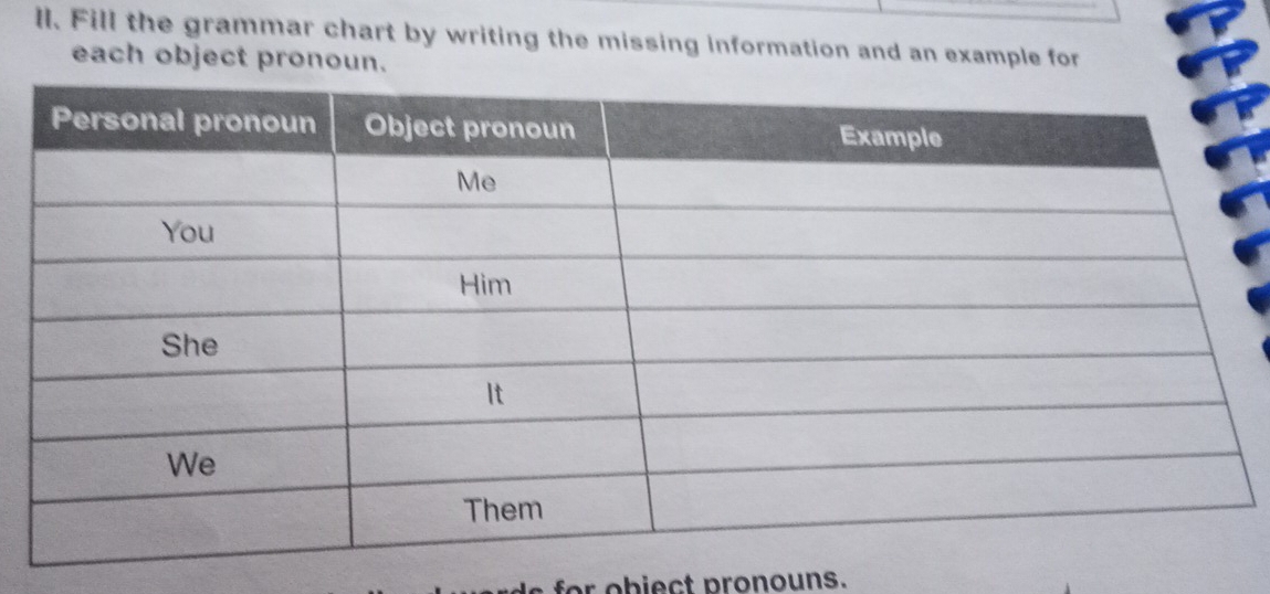 ll. Fill the grammar chart by writing the missing information and an example for 
each object pronoun. 
for object pronouns.