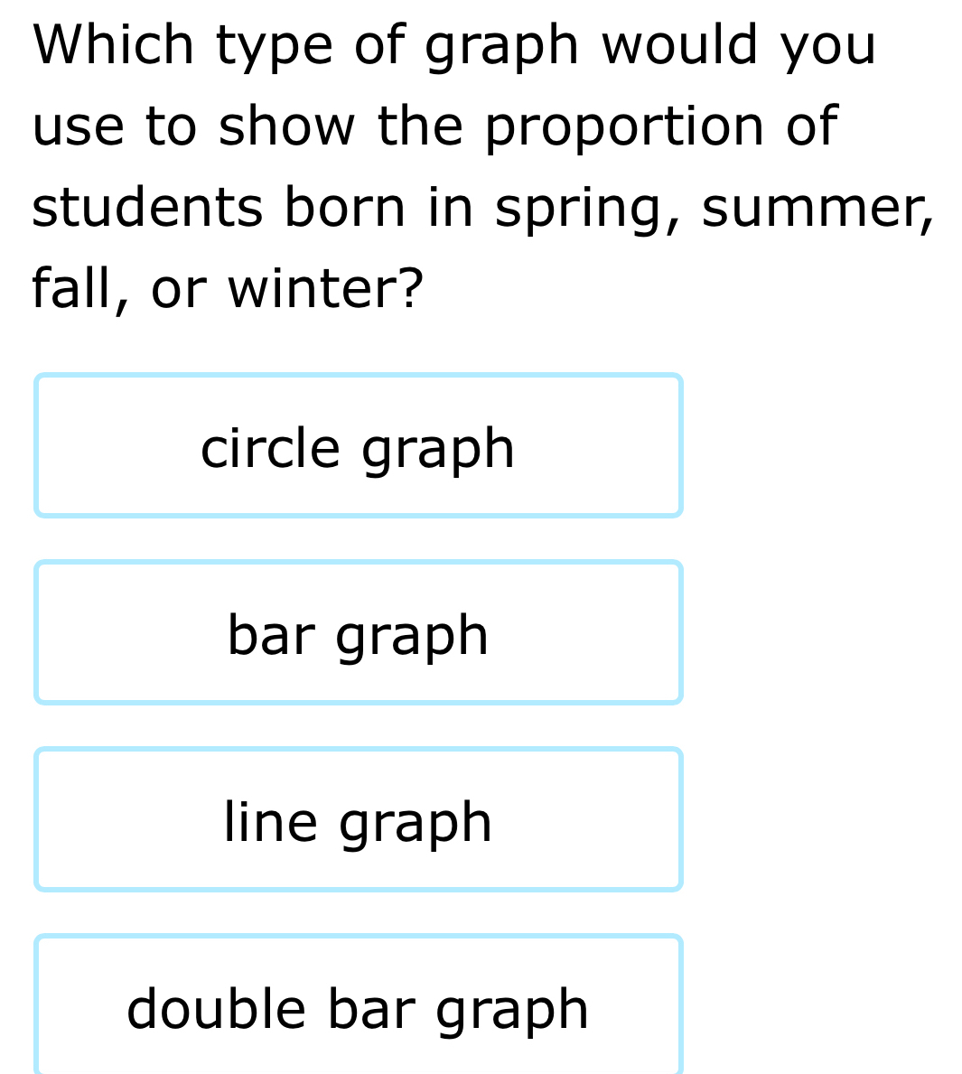 Which type of graph would you
use to show the proportion of
students born in spring, summer,
fall, or winter?
circle graph
bar graph
line graph
double bar graph