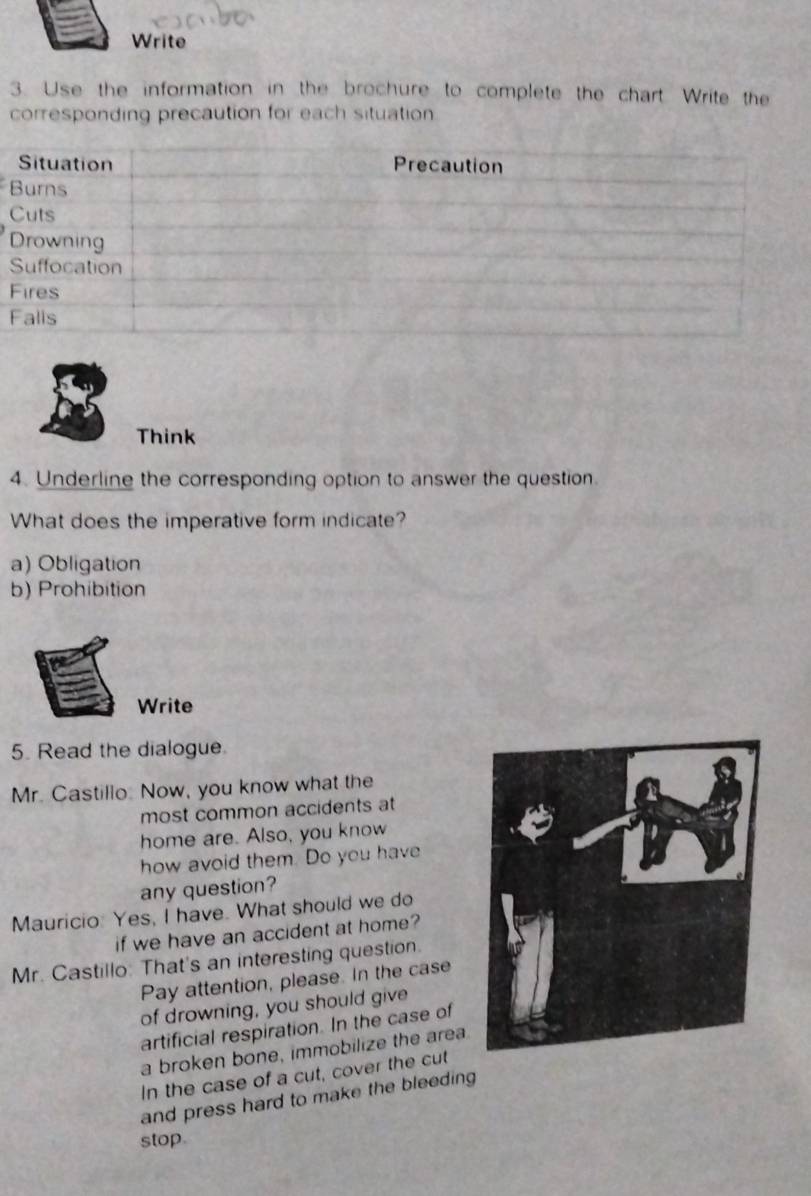 Write 
3. Use the information in the brochure to complete the chart. Write the 
corresponding precaution for each situation 
Think 
4. Underline the corresponding option to answer the question. 
What does the imperative form indicate? 
a) Obligation 
b) Prohibition 
Write 
5. Read the dialogue. 
Mr. Castillo. Now, you know what the 
most common accidents at 
home are. Also, you know 
how avoid them. Do you have 
any question? 
Mauricio: Yes, I have. What should we do 
if we have an accident at home? 
Mr. Castillo: That's an interesting question. 
Pay attention, please. In the case 
of drowning, you should give 
artificial respiration. In the case of 
a broken bone, immobilize the area. 
In the case of a cut, cover the cut 
and press hard to make the bleeding 
stop.