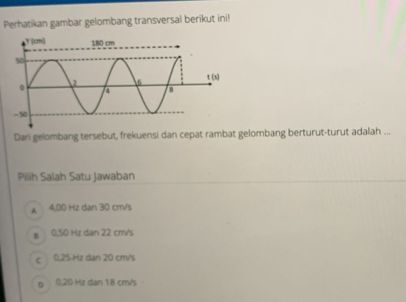 Perhatikan gambar gelombang transversal berikut ini!
Dari gelombang tersebut, frekuensi dan cepat rambat gelombang berturut-turut adalah ...
Pilih Salah Satu Jawaban
A 4,00 Hz dan 30 cm/s
в 0,50 Hz dan 22 cm/s
c 0,25 Hz dan 20 cm/s
b 0,20 Hz dan 18 cm/s ·