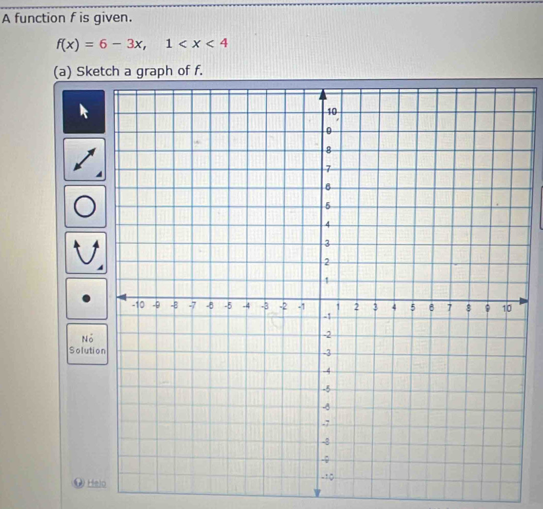 A function f is given.
f(x)=6-3x, 1
(a) Sketch a graph of f.
Nó
Solutio
O Helo