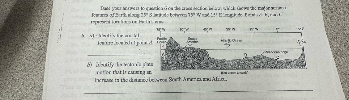 Base your answers to question 6 on the cross section below, which shows the major surface
features of Earth along 25° S latitude between 75°W and 15° E longitude. Points A, B, and C
represent locations on Earth’s crust.
6. a) Identify the crustal
feature located at poin
_
b) Identify the tectonic p
motion that is causing 
increase in the distance between South America and Africa.
_