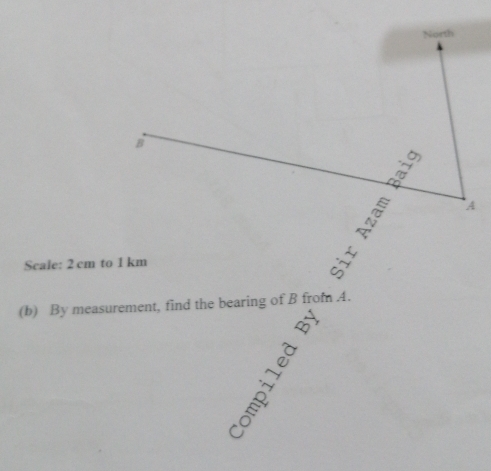 Scale: 2 cm to 1 km
(b) By measurement, find the bearing of B from A.
a