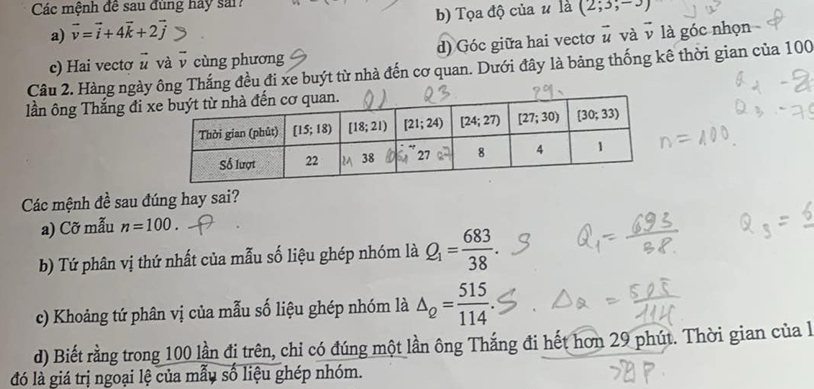 Các mệnh đề sau đùng hay sải
a) vector v=vector i+4vector k+2vector j b) Tọa độ của u là (2;3;-3)
c) Hai vecto vector u và overline v cùng phương d) Góc giữa hai vecto vector u và vector v là góc nhọn
Câu 2. Hàng ngày ông Thắng đều đi xe buýt từ nhà đến cơ quan. Dưới đây là bảng thống kê thời gian của 100
lần ông Thắng đi 
Các mệnh đề sau đúng hay sai?
a) Cỡ mẫu n=100.
b) Tứ phân vị thứ nhất của mẫu số liệu ghép nhóm là Q_1= 683/38 .
c) Khoảng tứ phân vị của mẫu số liệu ghép nhóm là △ _2= 515/114 .
d) Biết rằng trong 100 lần đị trên, chỉ có đúng một lần ông Thắng đi hết hơn 29 phút. Thời gian của l
đó là giá trị ngoại lệ của mẫu số liệu ghép nhóm.