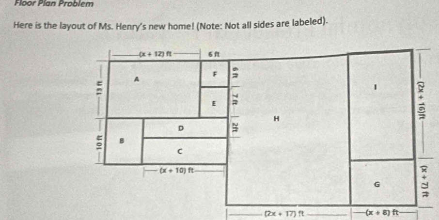 Floor Plan Problem 
Here is the layout of Ms. Henry's new home! (Note: Not all sides are labeled).
(x+12)ft 6 R 
A 
F : 
1 * 
E : 
H 
D 
: B 
| 
C
(x+10)ft
G : 
__ (2x+17)ft
(x+8)ft