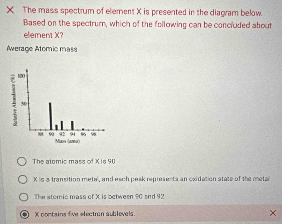 The mass spectrum of element X is presented in the diagram below.
Based on the spectrum, which of the following can be concluded about
element X?
Average Atomic mass
The atomic mass of X is 90
X is a transition metal, and each peak represents an oxidation state of the metal
The atomic mass of X is between 90 and 92
X contains five electron sublevels. X