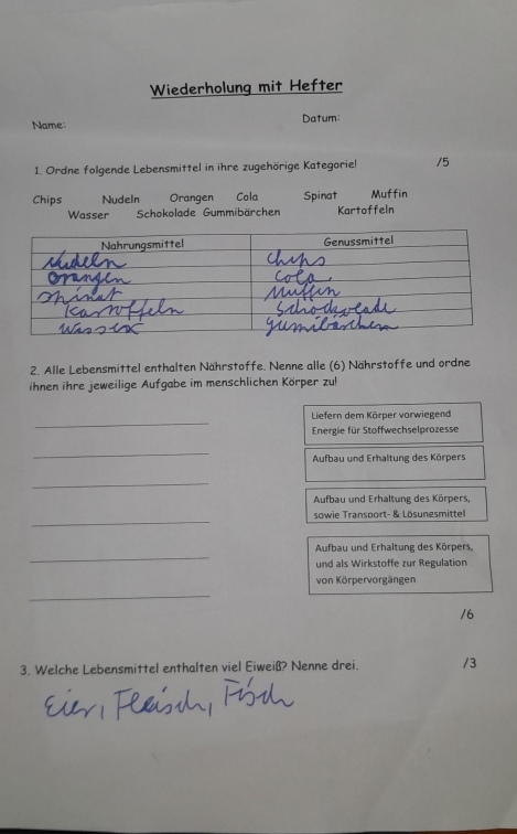 Wiederholung mit Hefter
Name: Datum:
1. Ordne folgende Lebensmittel in ihre zugehörige Kategorie! /5
Chips Nudeln Orangen Cola Spinat Muffin
Wasser Schokolade Gummibärchen Kartoffeln
2. Alle Lebensmittel enthalten Nährstoffe. Nenne alle (6) Nährstoffe und ordne
ihnen ihre jeweilige Aufgabe im menschlichen Körper zul
_
Liefern dem Körper vorwiegend
Energie für Stoffwechselprozesse
_
Aufbau und Erhaltung des Körpers
_
Aufbau und Erhaltung des Körpers,
_
sowie Transport- & Lösungsmittel
_
Aufbau und Erhaltung des Körpers,
und als Wirkstoffe zur Regulation
_
von Körpervorgängen
16
3. Welche Lebensmittel enthalten viel Eiweiß? Nenne drei. /3