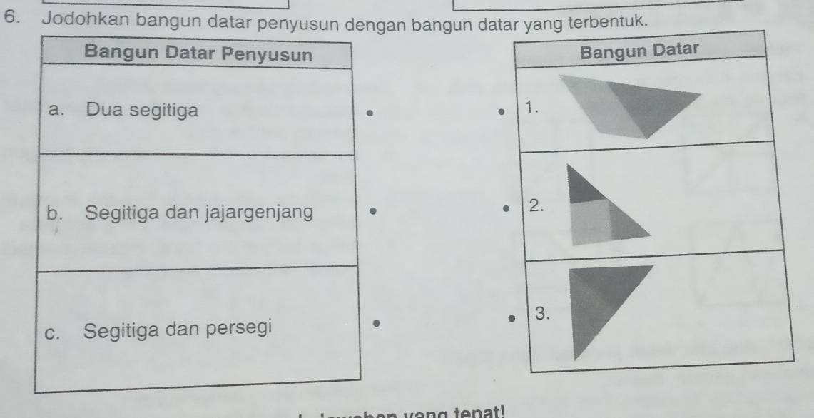 Jodohkan bangunan bangun datar yang terbentuk. 
Bangun Datar 
1. 
2. 
3. 
vang tepat!