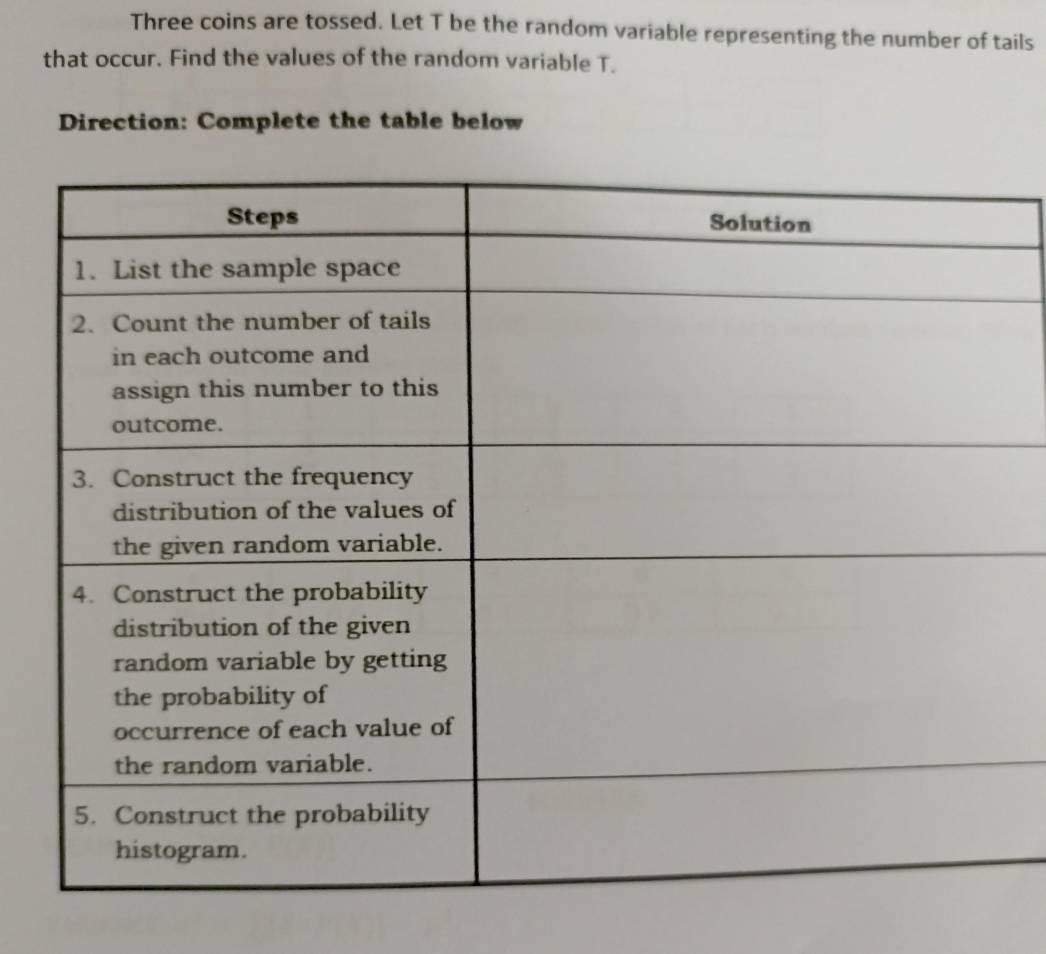 Three coins are tossed. Let T be the random variable representing the number of tails 
that occur. Find the values of the random variable T. 
Direction: Complete the table below