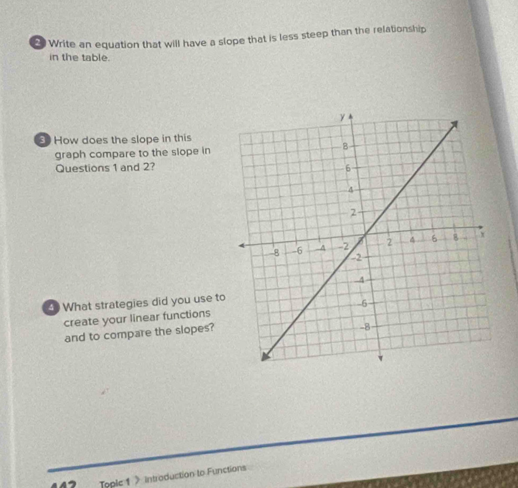 Write an equation that will have a slope that is less steep than the relationship 
in the table. 
3 How does the slope in this 
graph compare to the slope in 
Questions 1 and 2? 
4What strategies did you use to 
create your linear functions 
and to compare the slopes? 
Topic 1 》 introduction to Functions