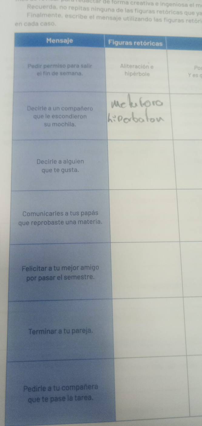 cua ctar de forma creativa e ingeniosa el m 
Recuerda, no repitas ninguna de las figuras retóricas que ya 
Finalmente, escribe el mensaje utilizando las figuras retóri 
en 
Po 
Y es q 
q