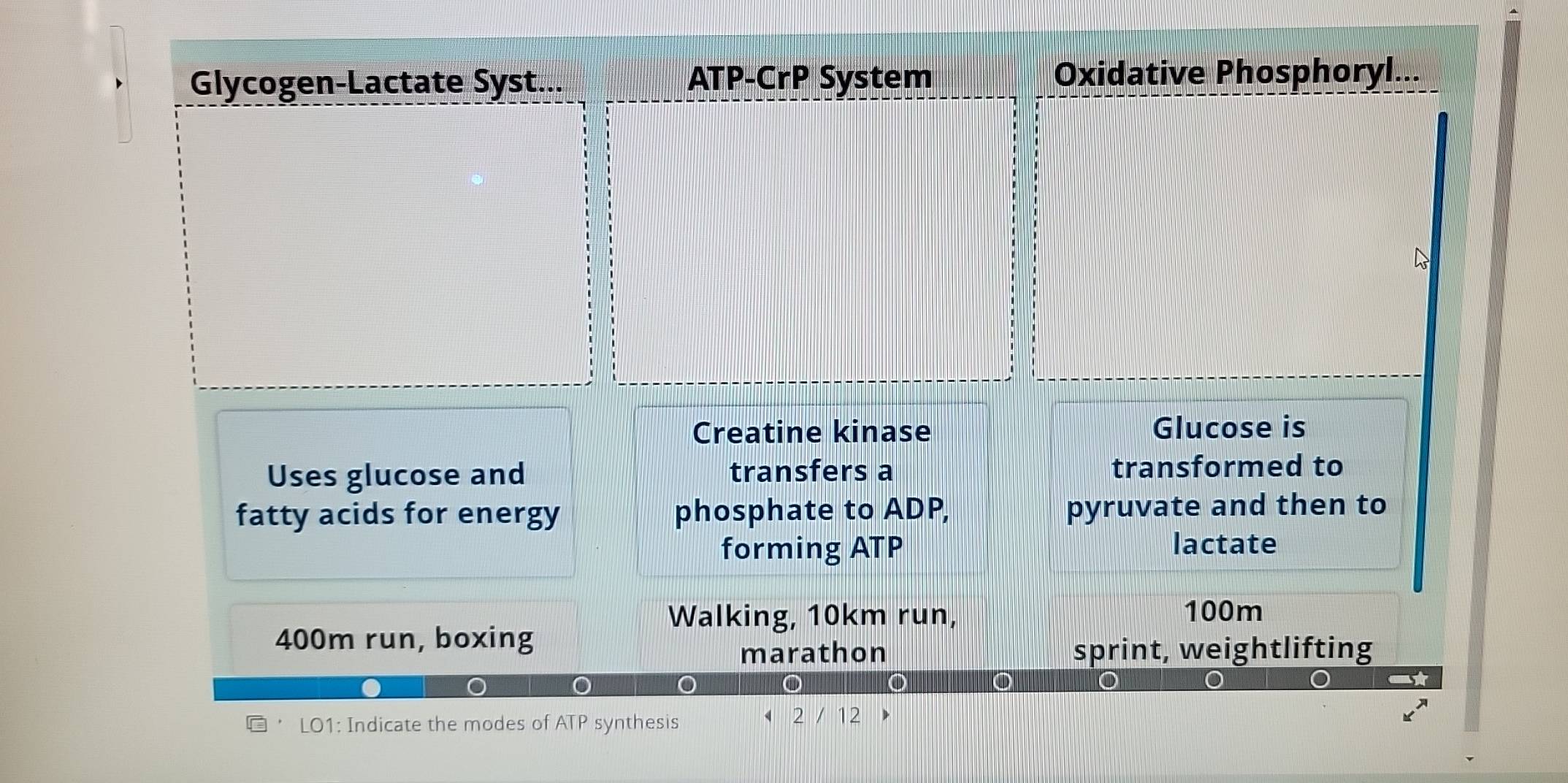 Glycogen-Lactate Syst... ATP-CrP System Oxidative Phosphoryl... 
Creatine kinase Glucose is 
Uses glucose and transfers a transformed to 
fatty acids for energy phosphate to ADP, pyruvate and then to 
forming ATP lactate 
Walking, 10km run, 100m
400m run, boxing 
marathon sprint, weightlifting 
o 
o 
o 
LO1: Indicate the modes of ATP synthesis 2 / 12