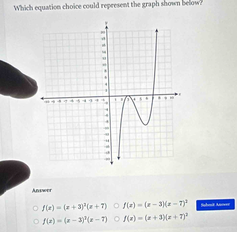 Which equation choice could represent the graph shown below?
Answer
f(x)=(x+3)^2(x+7) f(x)=(x-3)(x-7)^2 Submit Answer
f(x)=(x-3)^2(x-7) f(x)=(x+3)(x+7)^2