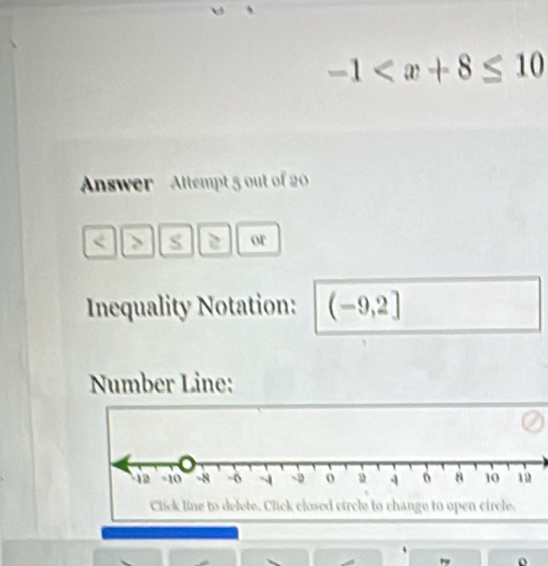 -1
Answer Altempt 5 out of 2 
or 
Inequality Notation: (-9,2]
Number Line: