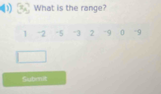 ) What is the range?
1 -2 -5 -3 2 -9 0 -9
Submit