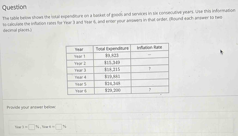 Question 
The table below shows the total expenditure on a basket of goods and services in six consecutive years. Use this information 
to calculate the inflation rates for Year 3 and Year 6, and enter your answers in that order. (Round each answer to two 
decimal places.) 
Provide your answer below:
Year 3=□ % , Year 6=□ %