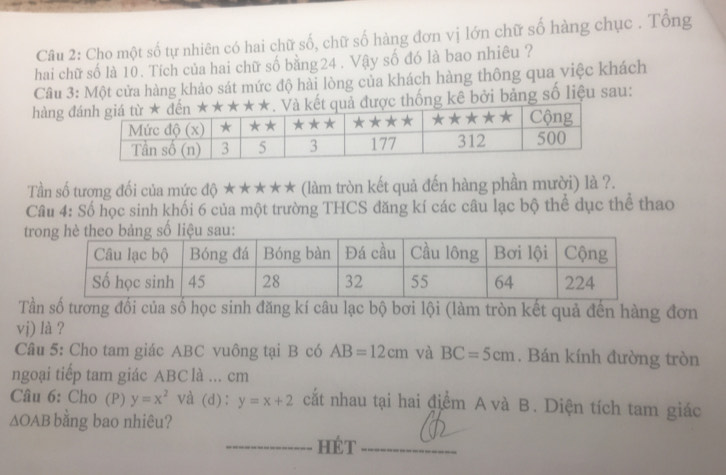 Cho một số tự nhiên có hai chữ số, chữ số hàng đơn vị lớn chữ số hàng chục . Tổng 
hai chữ số là 10. Tích của hai chữ số bằng24 . Vậy số đó là bao nhiêu ? 
Câu 3: Một cửa hàng khảo sát mức độ hài lòng của khách hàng thông qua việc khách 
hàng đkê bởi bảng số liệu sau: 
Tần số tương đối của mức độ ★★★★* (làm tròn kết quả đến hàng phần mười) là ?. 
Câu 4: Số học sinh khối 6 của một trường THCS đăng kí các câu lạc bộ thể dục thể thao 
tr 
Tần số tương đối của số học sinh đăng kí câu lạc bộ bơi lội (làm tròn kết quả đến hàng đơn 
vj) là ? 
Câu 5: Cho tam giác ABC vuông tại B có AB=12cm và BC=5cm. Bán kính đường tròn 
ngoại tiếp tam giác ABC là ... cm
Câu 6: Cho (P) y=x^2 và (d): y=x+2 cất nhau tại hai điểm A và B. Diện tích tam giác
△ OAB bằng bao nhiêu? 
_HéT_