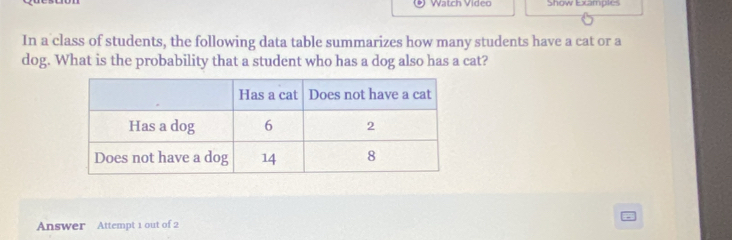 Watch Video Show Examples 
In a class of students, the following data table summarizes how many students have a cat or a 
dog. What is the probability that a student who has a dog also has a cat? 
Answer Attempt 1 out of 2