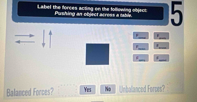 Label the forces acting on the following object: 5
Pushing an object across a table.
F F_grave
normal

F_6 F_wat
fraction
F F
spring appled
Balanced Forces? Yes No Unbalanced Forces?