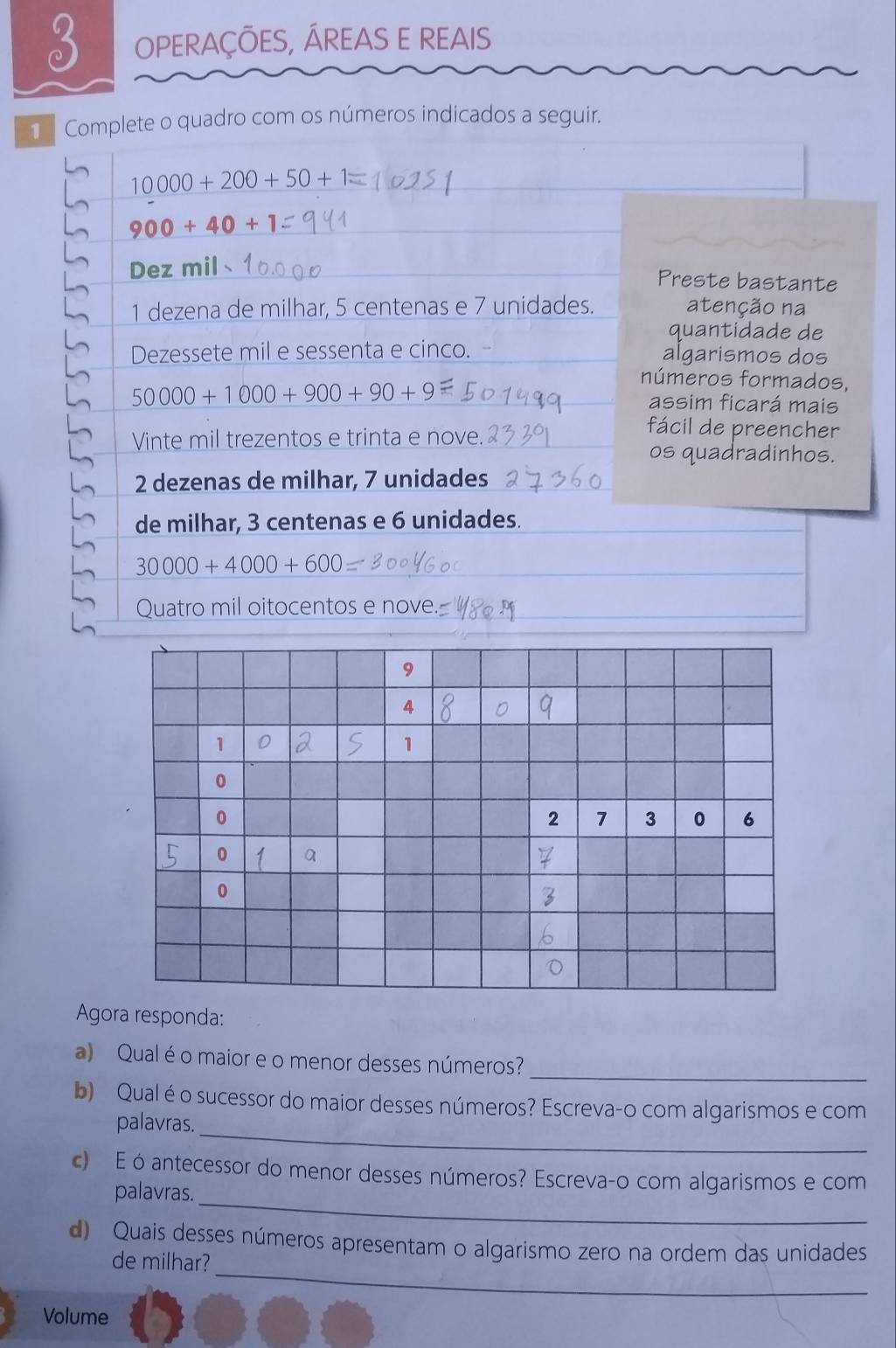 OPERAÇÕES, ÁREAS E REAIS 
Complete o quadro com os números indicados a seguir.
10000+200+50+1=
900+40+1
Dez mil、 
Preste bastante 
1 dezena de milhar, 5 centenas e 7 unidades. atenção na 
quantidade de 
Dezessete mil e sessenta e cinco. algarismos dos 
números formados,
50000+1000+900+90+9 assim ficará mais 
Vinte mil trezentos e trinta e nove. 
fácil de preencher 
os quadradinhos. 
2 dezenas de milhar, 7 unidades 
de milhar, 3 centenas e 6 unidades.
30000+4000+600=
Quatro mil oitocentos e nove 
Agora responda: 
_ 
a) Qual é o maior e o menor desses números? 
_ 
b) Qual é o sucessor do maior desses números? Escreva-o com algarismos e com 
palavras. 
_ 
c) É o antecessor do menor desses números? Escreva-o com algarismos e com 
palavras. 
_ 
d) Quais desses números apresentam o algarismo zero na ordem das unidades 
de milhar? 
Volume