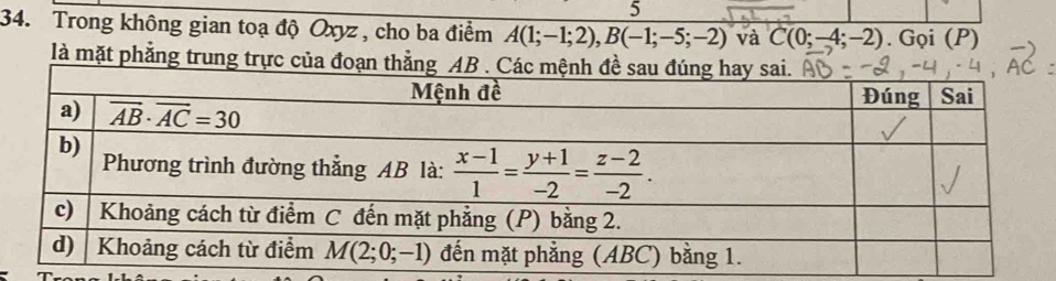 5
34. Trong không gian toạ độ Oxyz, cho ba điểm A(1;-1;2),B(-1;-5;-2) và C(0;-4;-2). Gọi (P)
là mặt phẳng trung trực của đoạn thẳng A