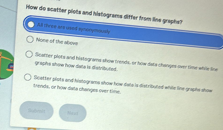 Solved: How do scatter plots and histograms differ from line graphs ...