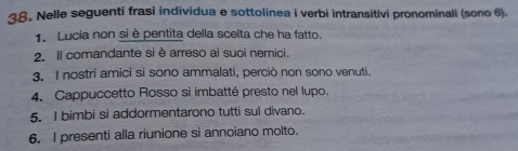 Nelle seguenti frasi individua e sottolinea i verbi intransitivi pronominali (sono 6). 
1. Lucia non si è pentita della scelta che ha fatto. 
2. Il comandante si è arreso ai suoi nemici. 
3. I nostri amici si sono ammalati, perciò non sono venuti. 
4. Cappuccetto Rosso si imbatté presto nel lupo. 
5. I bimbi si addormentarono tutti sul divano. 
6. I presenti alla riunione si annoiano molto.