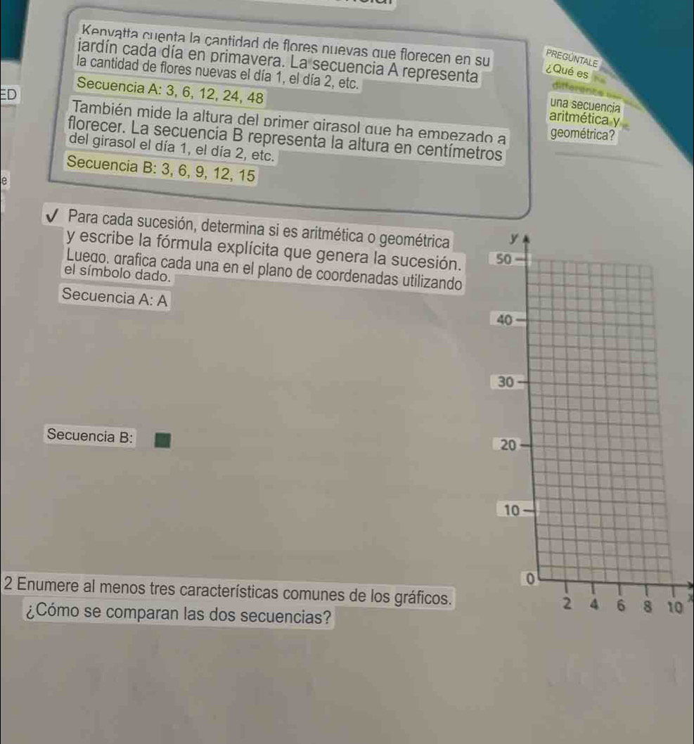 Kenvatta cuenta la cantidad de flores nuevas que florecen en su 
PREGÜNTALE 
iardín cada día en primavera. La secuencia A representa 
¿Qué es 
la cantidad de flores nuevas el día 1, el día 2, etc. una secuencia 
differer 
Secuencia A: 3, 6, 12, 24, 48
ED 
aritmética y 
También mide la altura del primer girasol que ha empezado a geométrica? 
florecer. La secuencia B representa la altura en centímetros_ 
del girasol el día 1, el día 2, etc. 
Secuencia B: 3, 6, 9, 12, 15
e 
Para cada sucesión, determina si es aritmética o geométrica 
y escribe la fórmula explícita que genera la sucesión. 
Luego. grafica cada una en el plano de coordenadas utilizando 
el símbolo dado. 
Secuencia A:A
Secuencia B: 
2 Enumere al menos tres características comunes de los gráficos.0 
¿Cómo se comparan las dos secuencias?