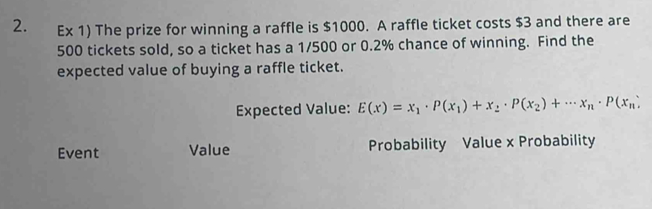 Ex 1) The prize for winning a raffle is $1000. A raffle ticket costs $3 and there are
500 tickets sold, so a ticket has a 1/500 or 0.2% chance of winning. Find the 
expected value of buying a raffle ticket. 
Expected Value: E(x)=x_1· P(x_1)+x_2· P(x_2)+·s x_n· P(x_n)
Event Value Probability Value x Probability