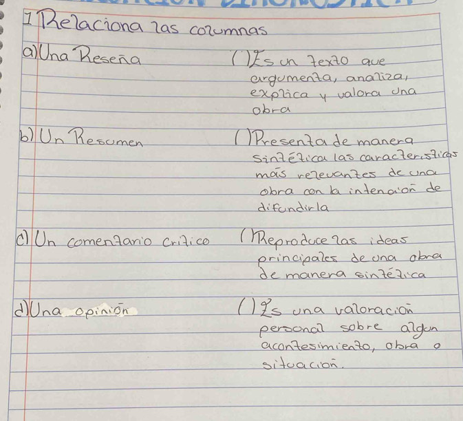 helaciona las cozumnas 
QaiUna Resena (IEs on texto ave 
argumenta, analiza, 
explica y valora ona 
obra 
b)Un Resomen (Presentade manera 
sintetica las caractersticas 
mas relevantes de una 
obra con la intenaior de 
difundirla 
clUn comentario crijice (eproduce las ideas 
principales deona obra 
de manera sintezica 
dna opinion ()Zs una valoracion 
peroonal sobre algon 
acon'tesimiento, obra o 
situacion.